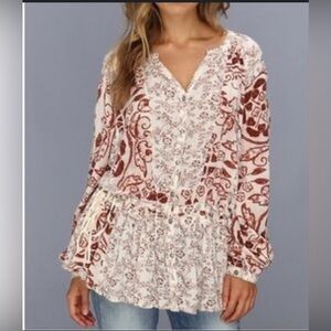 Free People Drop Waist V Neck Oversized Bohemian Floral Tunic Top Size XS Brown